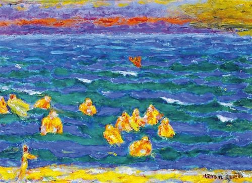 Bold impressionist painting, Bathers at the End of the Day by Bonnard, bright blue sea, yellow swimmers, signed to bottom right.