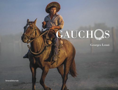 Argentinian Gaucho on brown horse, dusty landscape behind, GAUCHOS in white font to upper right, letter O hand drawn multiple times