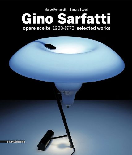 Modern lamp with pale blue bowl shaped glass top, thin black stem, black cover, Gino Sarfatti 1938-1973 selected works in white font above.