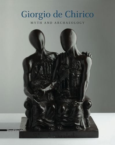 Black sculpture of long bodied couple sitting on low sofa, on plinth, grey cover, Giorgio de Chirico in blue font above