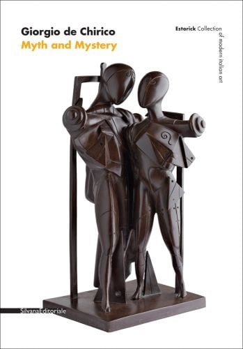 Dark brown surrealist sculpture of couple on plinth, white cover, Giorgio de Chirico Myth and Mystery in black and yellow font above