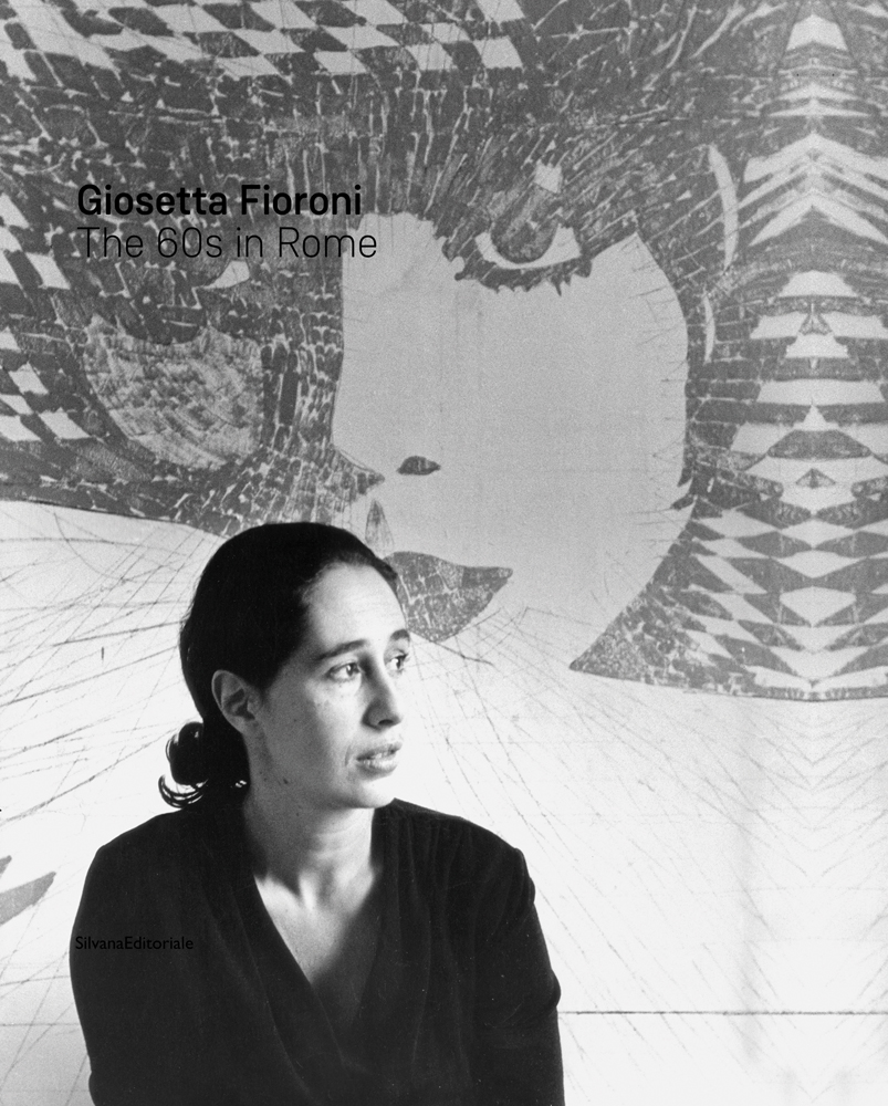 Giosetta Fioroni looking to left in front mosaic pop art female portrait, Giosetta Fioroni The 60s in Rome in black font to upper left.