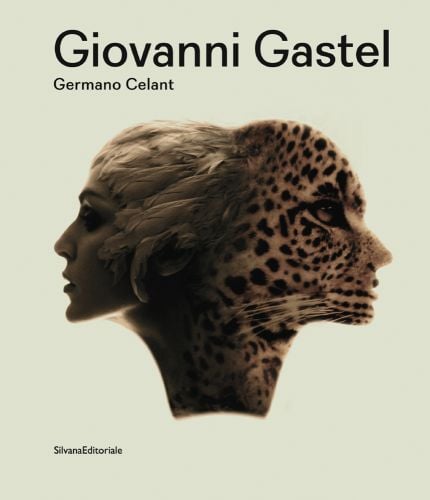 Side profile of 2 heads merged, white feather cap, leopard face, off white cover, Giovanni Gastel in black font above