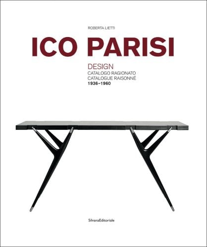 Modern black table designed by Ico Parisi, white cover ICO PARISI DESIGN CATALOGUE RAISONNE 1936-1960 in red and black font above.