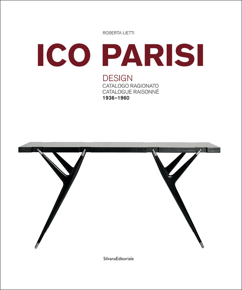 Modern black table designed by Ico Parisi, white cover ICO PARISI DESIGN CATALOGUE RAISONNE 1936-1960 in red and black font above.