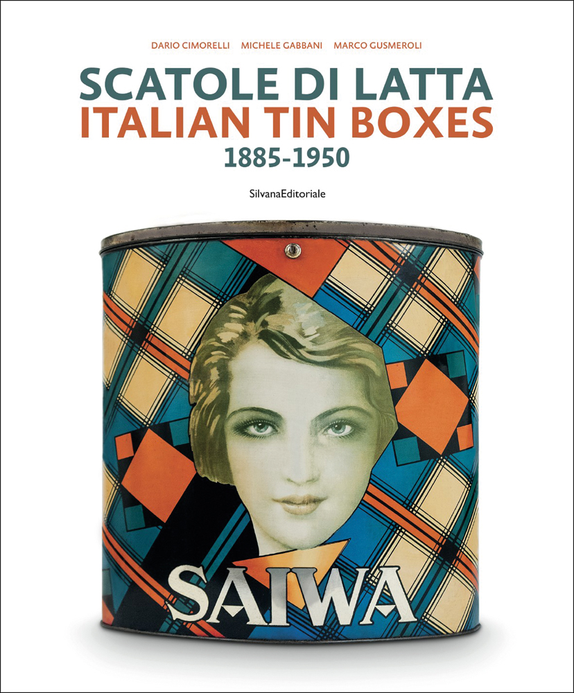 Tin box, clipped female head on front, red, blue and cream geometric pattern, white cover, ITALIAN TIN BOXES in orange font above