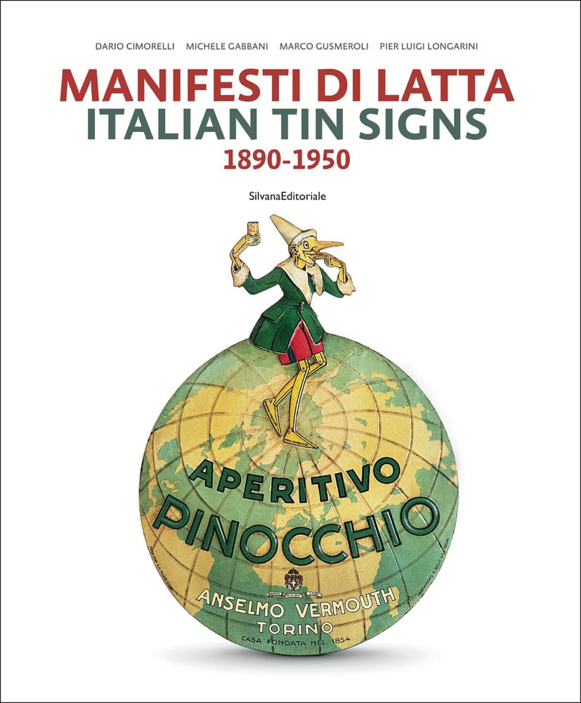 Pinocchio standing on world globe, white cover, ITALIAN TIN SIGNS in green font above, by Silvana