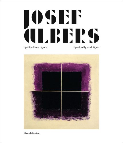 Abstract painting, 4 purple squares on cream square, white cover, JOSEF ALBERS in black font above