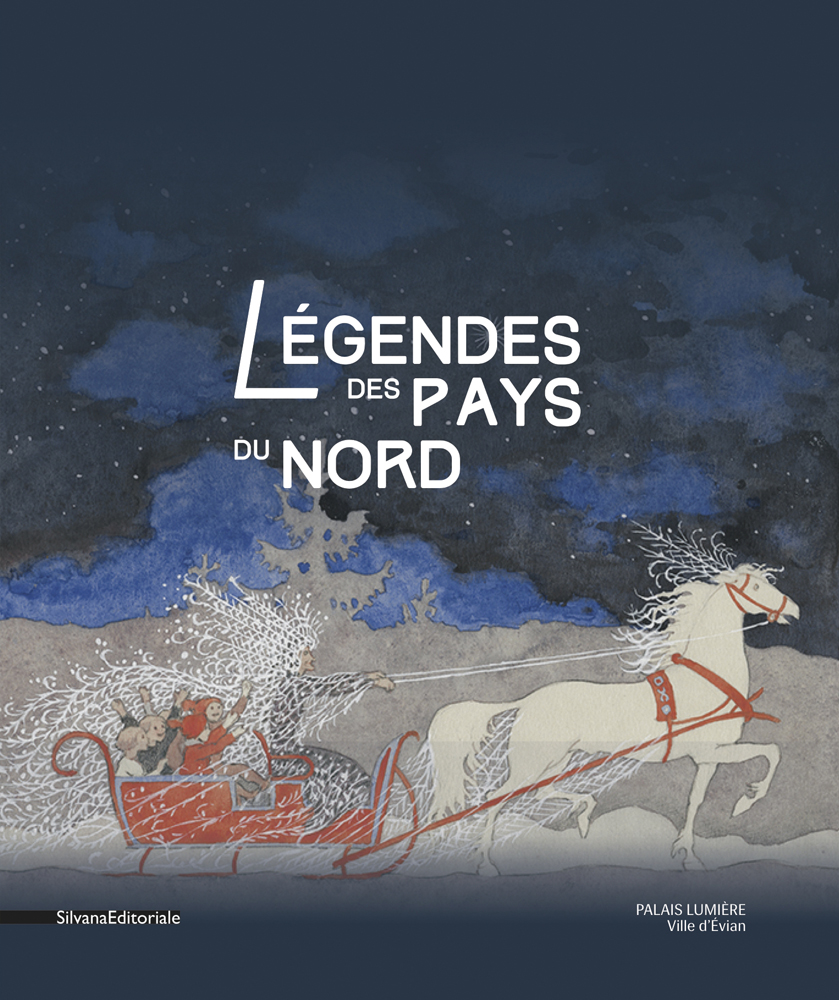 Fantasy illustration, 2 cream horses pulling red sleigh of children through snow, dark blue night sky, Légendes des Pays du Nord in white font near centre