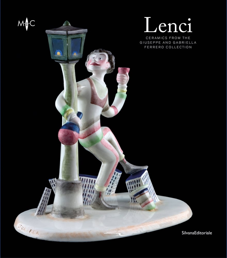 Ceramic figure, arm round lamppost, holding bottle and glass, on black cover, Lenci in white font to upper right