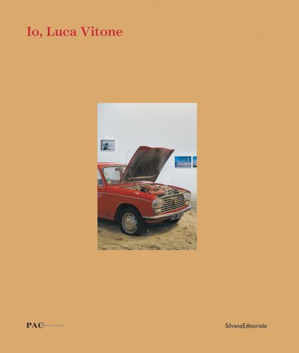 Mars red Peugeot 204, on sand, bonnet open, on orange cover, Io, Luca Vitone in red font to top left