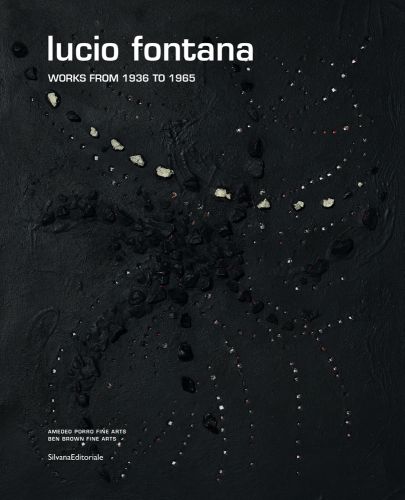 Black cover with small black rock shapes, smaller cream ones, in spiral form, lucio fontana in white font above