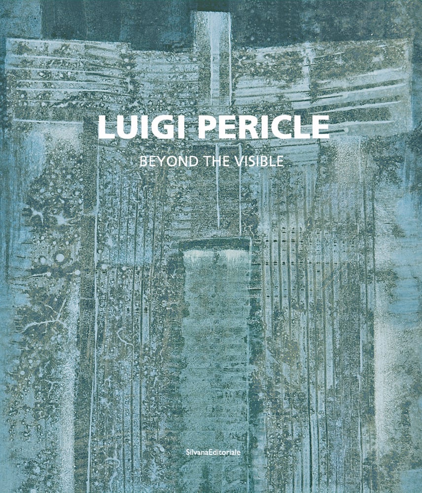 Green-grey Indian ink painting, LUIGI PERICLE BEYOND THE VISIBLE in white font above.