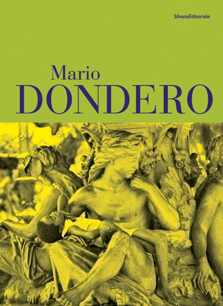 Black child sleeping carved statue, Mario DONDERO in blue font on lime green banner above