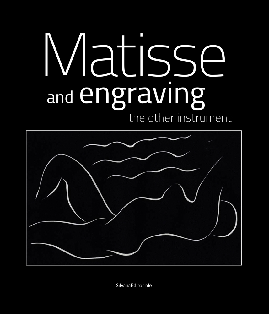 Black and white outline of abstract female body laying down, black cover, Matisse and engraving in white font above