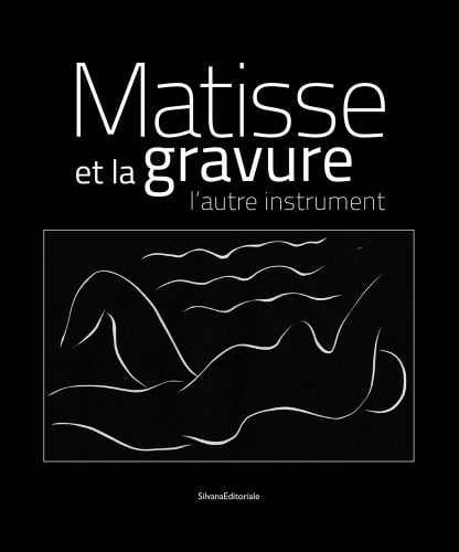 White engraved lines of nude figure reclining, surrounded by white box, black cover, Matisse et la Gravure l'autre instrument in white font above