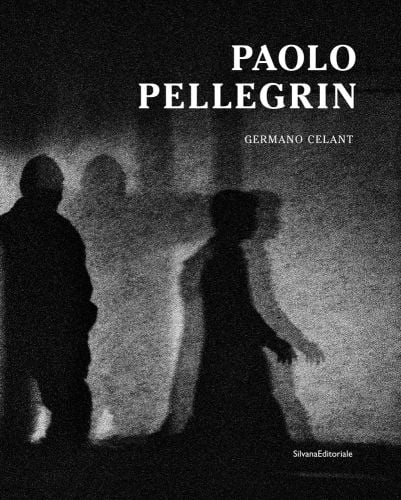 Grainy black and grey shadows of 2 figures, Paolo Pellegrin in white font above