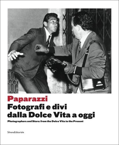 Boxer Walter Chiari chases paparazzi photographer Tazio Secchiaroli in Rome, white cover, Paparazzi in red font below
