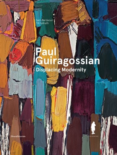 Rich colour section of abstract impasto painting, Paul Guiragossian Displacing Modernity in white font near centre