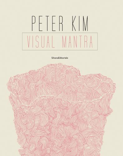 Irregular shaped vessel made of pink lines, cream cover, PETER KIM VISIAL MANTRA in black and pink font above