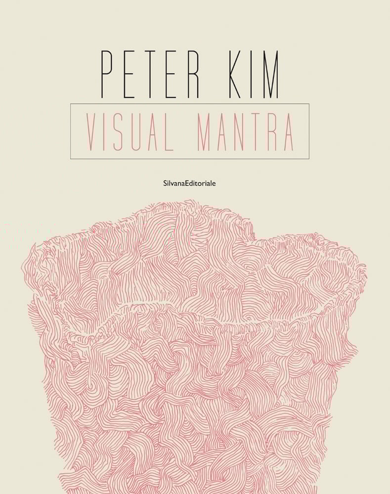 Irregular shaped vessel made of pink lines, cream cover, PETER KIM VISIAL MANTRA in black and pink font above