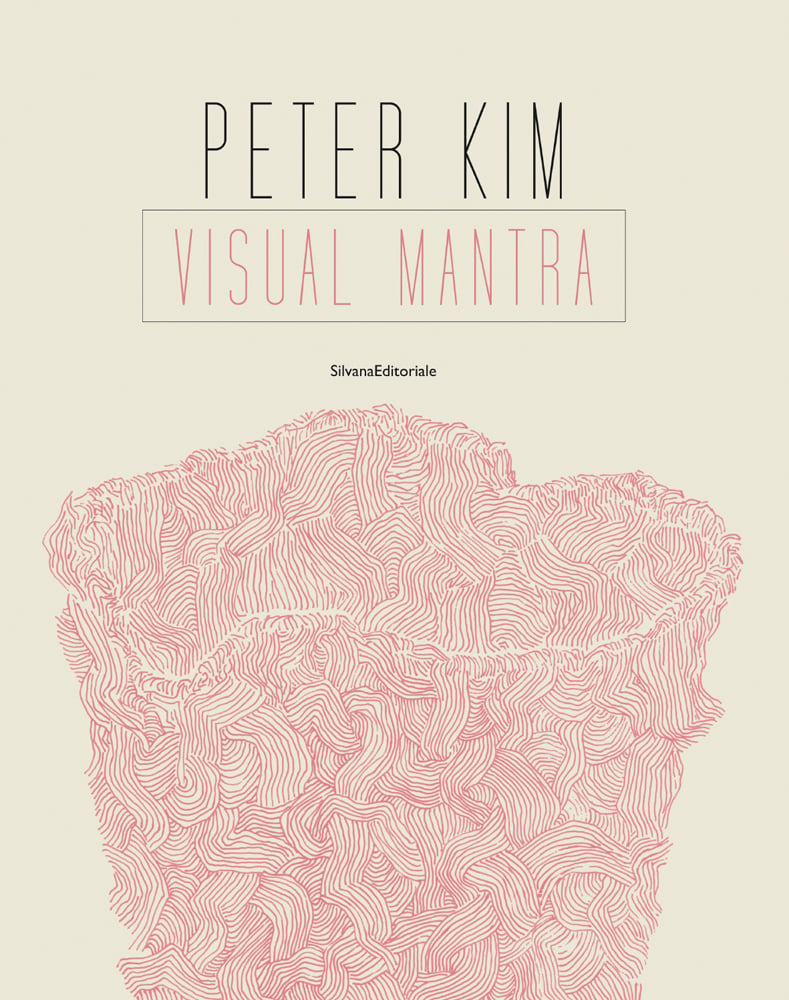 Irregular shaped vessel made of pink lines, cream cover, PETER KIM VISIAL MANTRA in black and pink font above