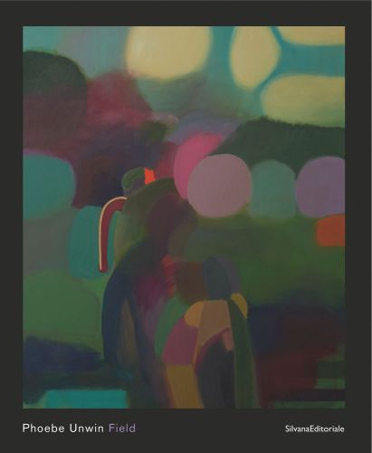 Oil and acrylic painting, Approach, 2017, colourful blurred shapes, black cover, Phoebe Unwin Field in white and lilac font to bottom black border.