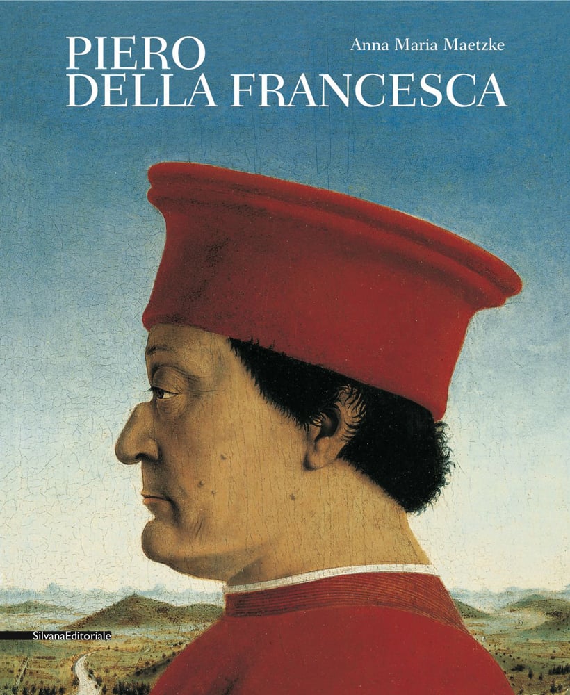 Double portrait of the Dukes of Urbino by Francesca , man in red hat and robe, PIERO DELLA FRANCESCA in white font above