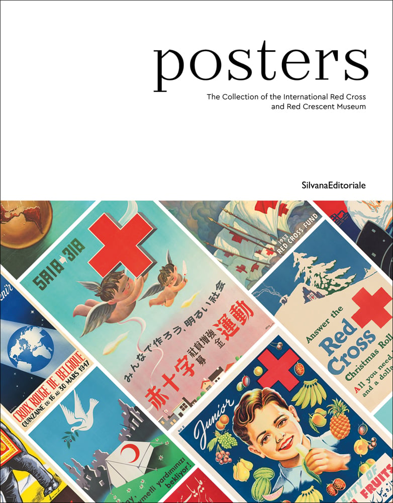 Collection of Red Cross advertising poster in various languages, to lower half, posters in black font to top white banner.