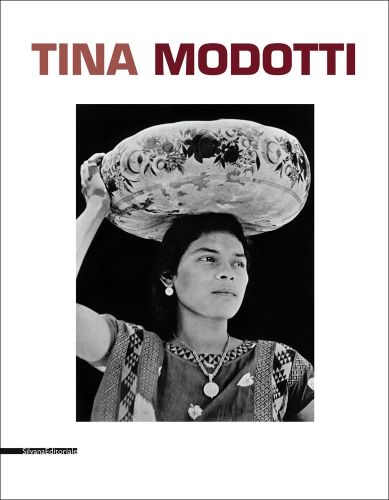 Photo Woman from Tehuantepec, woman with decorative bowl on head, white cover, TINA MODOTTI in pink font above