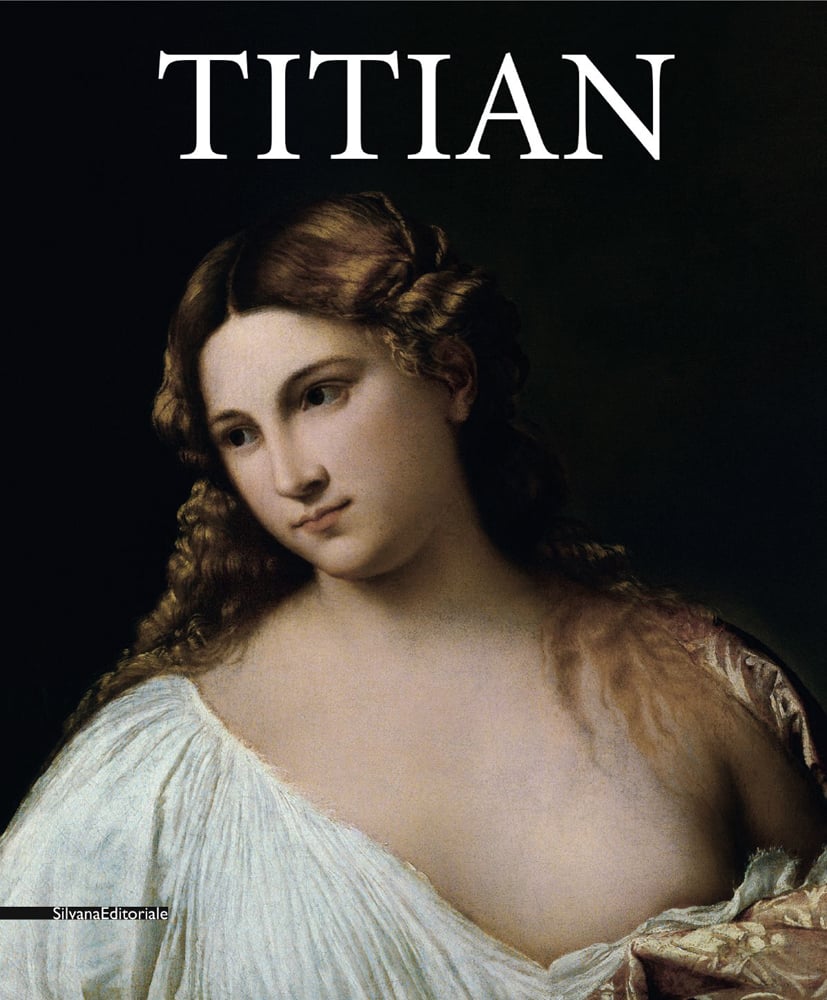 Oil painting Flora by Titian, black cover, TITIAN in white font above