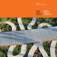 Book cover of Making Sense of Landscape, with a grey wood walkway, and a snaking, concrete path with grass. Published by Spacemaker Press.