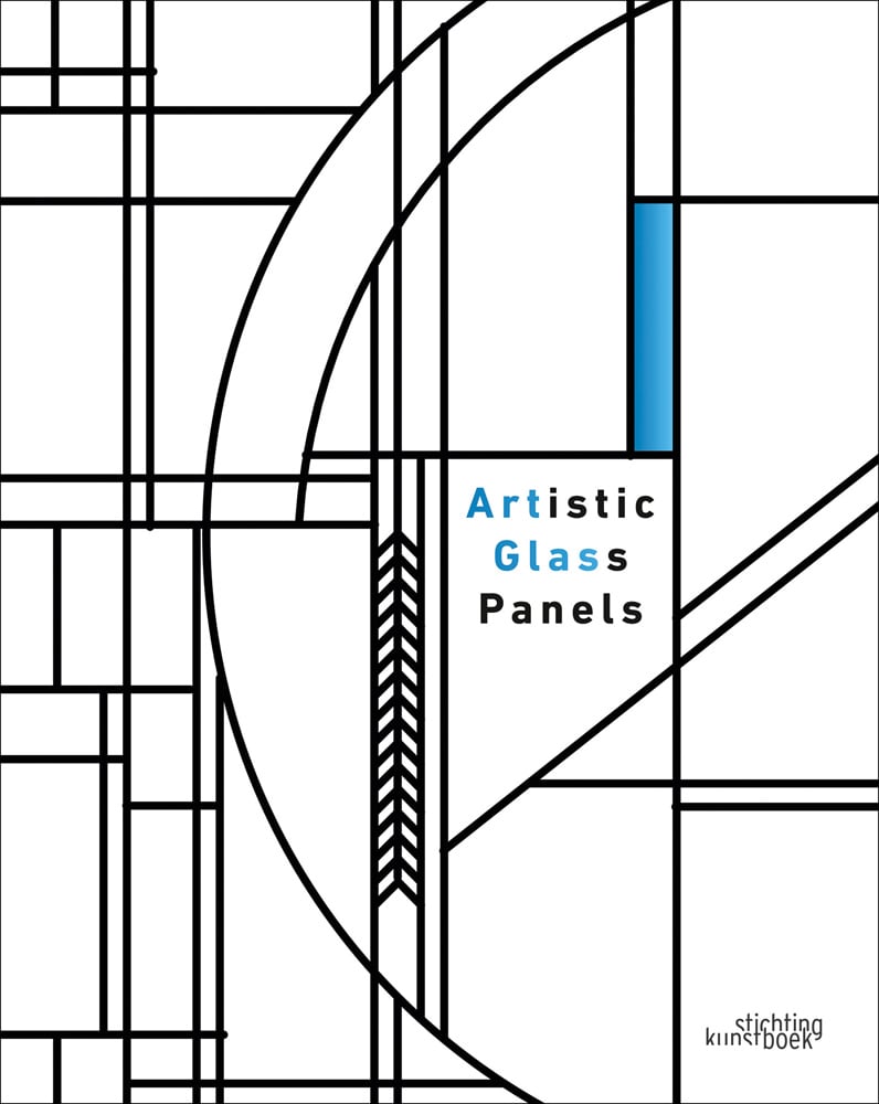 Black outline of art nouveau stained glass design, small blue shape, Artistic Glass Panels in blue and black font near centre