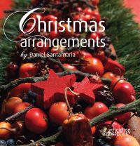 Book cover of Christmas Arrangements by Daniel Santamaria, with a table centerpiece made of red cherries, red stars, twigs and green foliage. Published by Stichting.