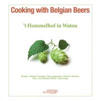 White book cover of Cooking with Belgian Beers, Great Recipes Flavoured with the Famous 'Westhoek' Beers, with green hops flowers. Published by Stichting.