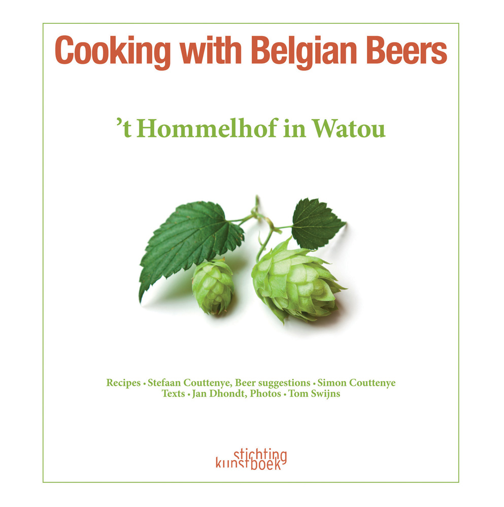White book cover of Cooking with Belgian Beers, Great Recipes Flavoured with the Famous 'Westhoek' Beers, with green hops flowers. Published by Stichting.