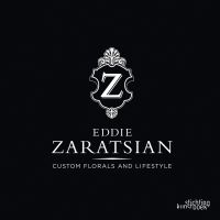 Black landscape book cover of Eddie Zaratsian, Custom Florals and Lifestyle, with a decorative, white 'Z' logo and capitalized font. Published by Stichting.