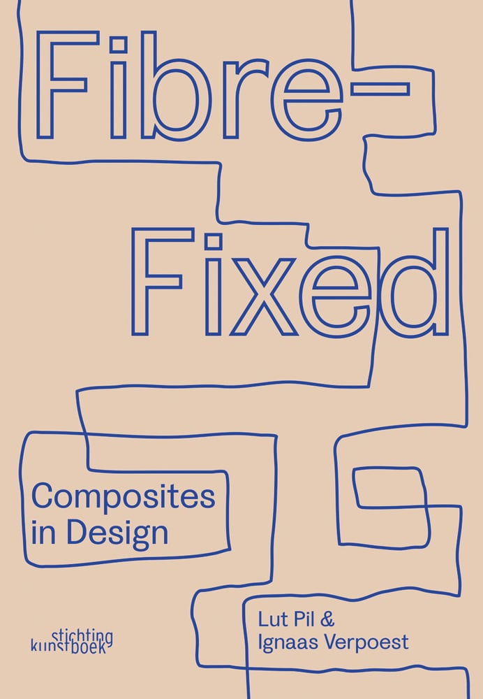 Fibre-Fixed. Composites in Design in blue outlined font, on beige cover, blue hand drawn lines around text
