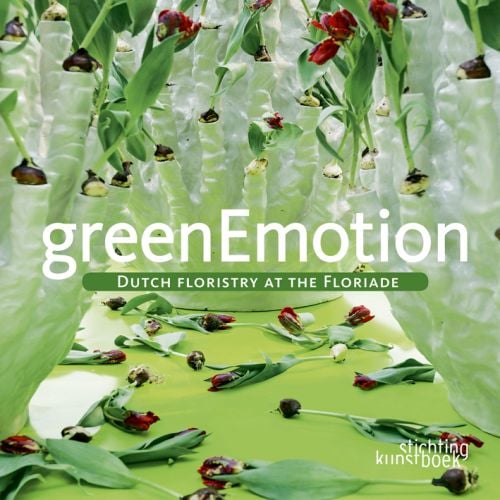 Book cover of Green Emotion, Dutch Floristry at the Floriade, with a table centre-piece made of gnarly white vases, with dark red tulips poking out. Published by Stichting.