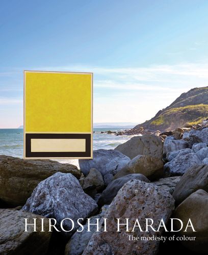 Book cover of Hiroshi Harada, The Modesty of Colour, with coastline of large rocks looking out to sea. Published by Stichting.