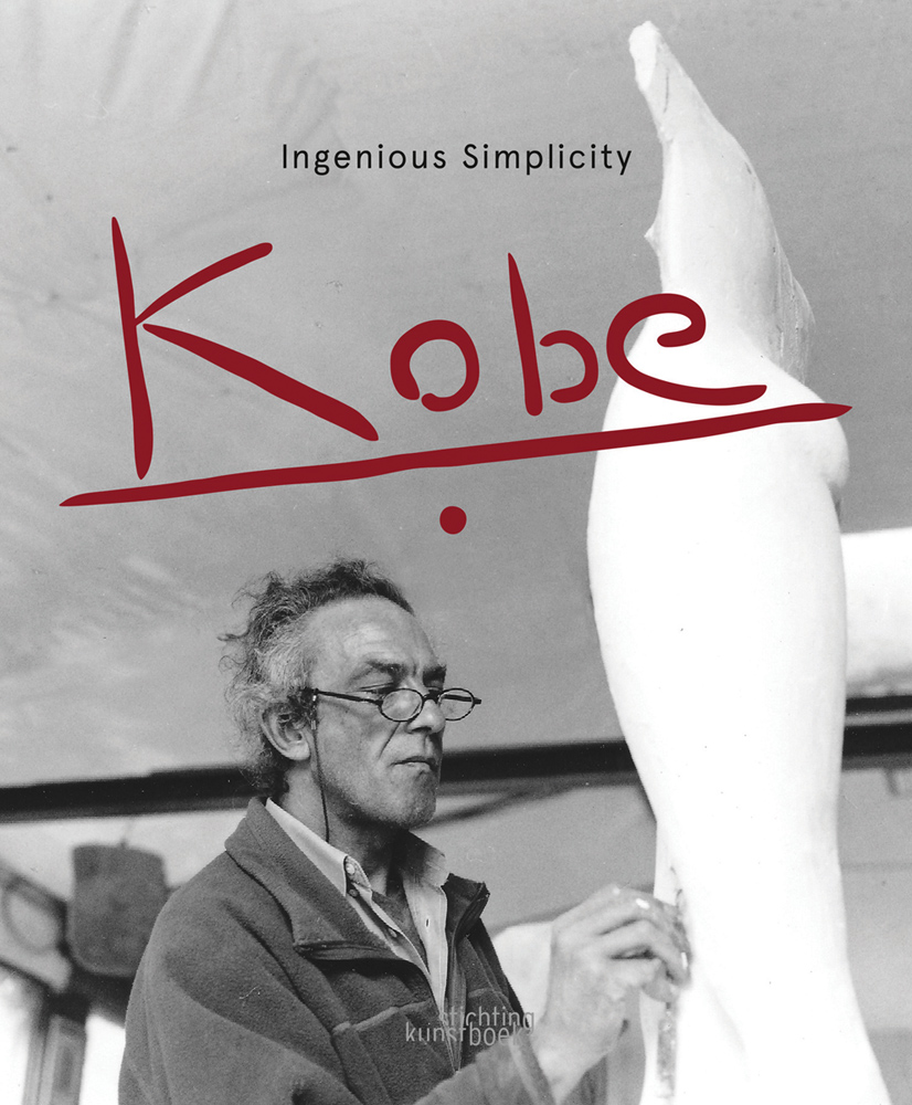 Book cover of Kobe, Ingenious Simplicity, with sculptor Jacques Saelens smoothing down a white figure. Published by Stichting.