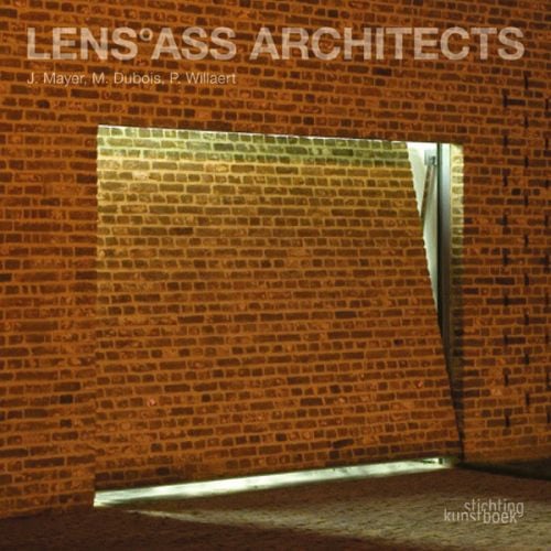 Book cover of Lens Ass Architects, with a red brick wall with garage door raising up covered in the same brick. Published by Stichting.