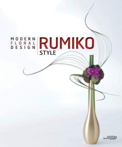 White book cover of Rumiko Style, Modern Floral Design, with a long necked gold vase with purple flowers and green foliage. Published by Stichting.