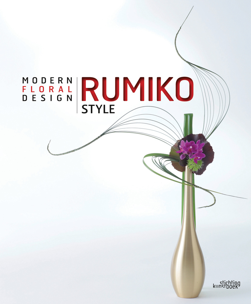 White book cover of Rumiko Style, Modern Floral Design, with a long necked gold vase with purple flowers and green foliage. Published by Stichting.