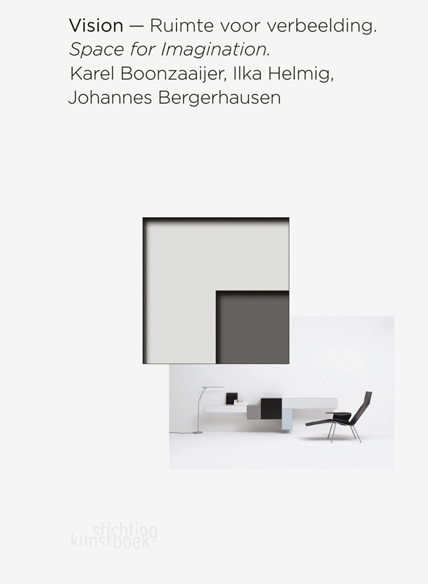 White book cover of Vision, Space for Imagination, with a white interior space with black reclining chair and work surfaces fixed to wall. Published by Stichting.