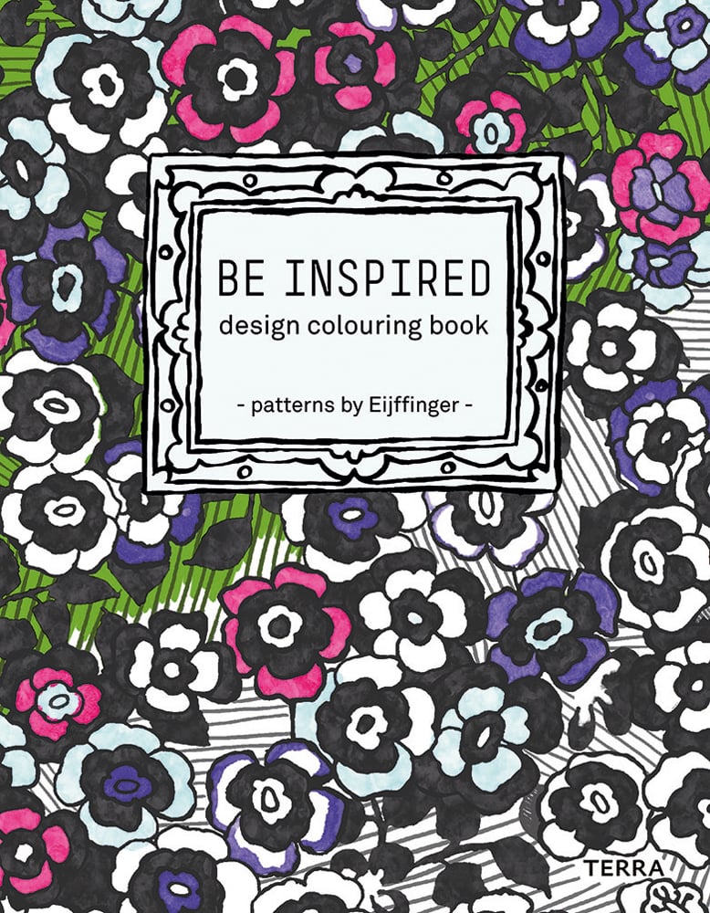 Half-coloured in floral wallpaper design, on cover of 'Be Inspired, Design Colouring Book - Patterns by Eijffinger', by Lannoo Publishers.