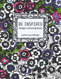 Half-colored in floral wallpaper design, on cover of 'Be Inspired, Design Colouring Book - Patterns by Eijffinger', by Lannoo Publishers.