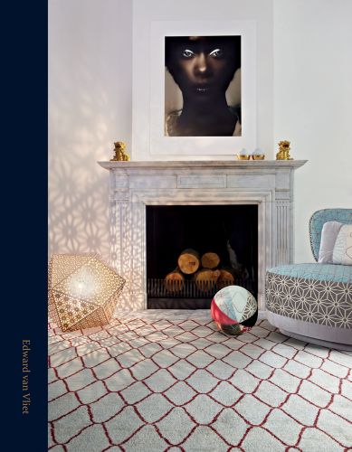 Interior with fireplace, portrait above, modern floor light, beachball cushion, on cover of 'Edward van Vliet', by Lannoo Publishers.