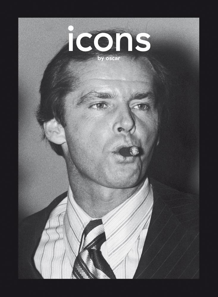 A young Jack Nicholson in shirt and tie, smoking cigar, on cover of 'Icons by Oscar', by Lannoo Publishers.