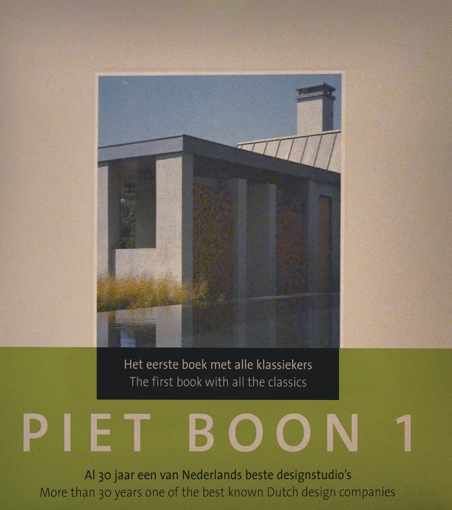 Flat-roofed building, infinity pool below, on cover of 'Piet Boon 1, The First Book with All the Classics', by Lannoo Publishers.